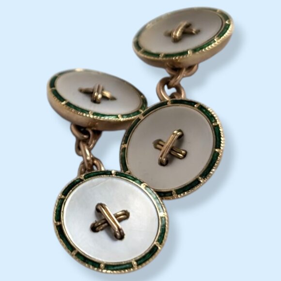 Antique 14k Gold Hand-Enameled Hinge-Back Cuff Links - Picture 3 of 7